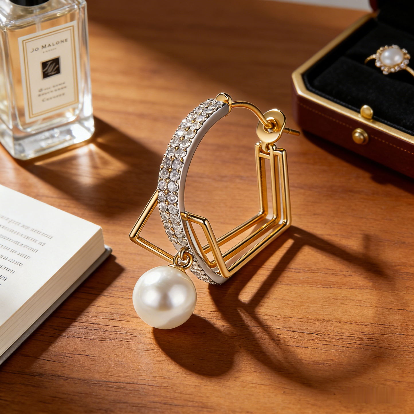 📐 “Akoya Symmetry Hoop” – 19 Hours Fine Jewelry Craft | Gold-Tone Geometric Lines × Silver-Tone Pave Shimmer × Pure White Pearl Drop 💎
