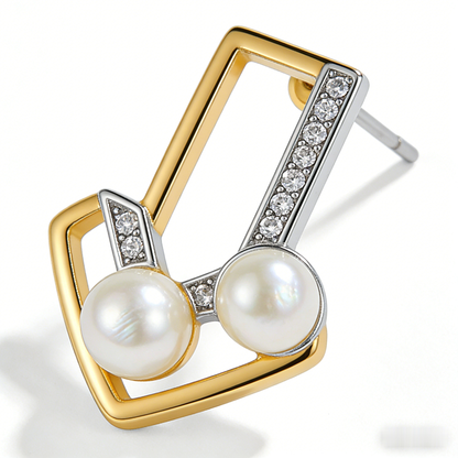 🔺 “Architectural Akoya Triad” – Geometric Artistry | Interlocking Gold & Silver-Tone V-Shapes × Channel-Set Shimmer × Two Matched Pearl Spire 🏛️