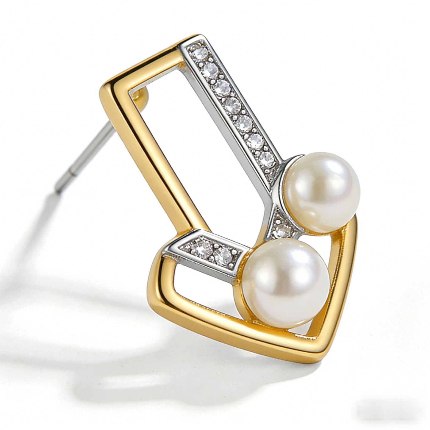 🔺 “Architectural Akoya Triad” – Geometric Artistry | Interlocking Gold & Silver-Tone V-Shapes × Channel-Set Shimmer × Two Matched Pearl Spire 🏛️