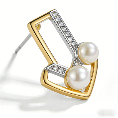 🔺 “Architectural Akoya Triad” – Geometric Artistry | Interlocking Gold & Silver-Tone V-Shapes × Channel-Set Shimmer × Two Matched Pearl Spire 🏛️