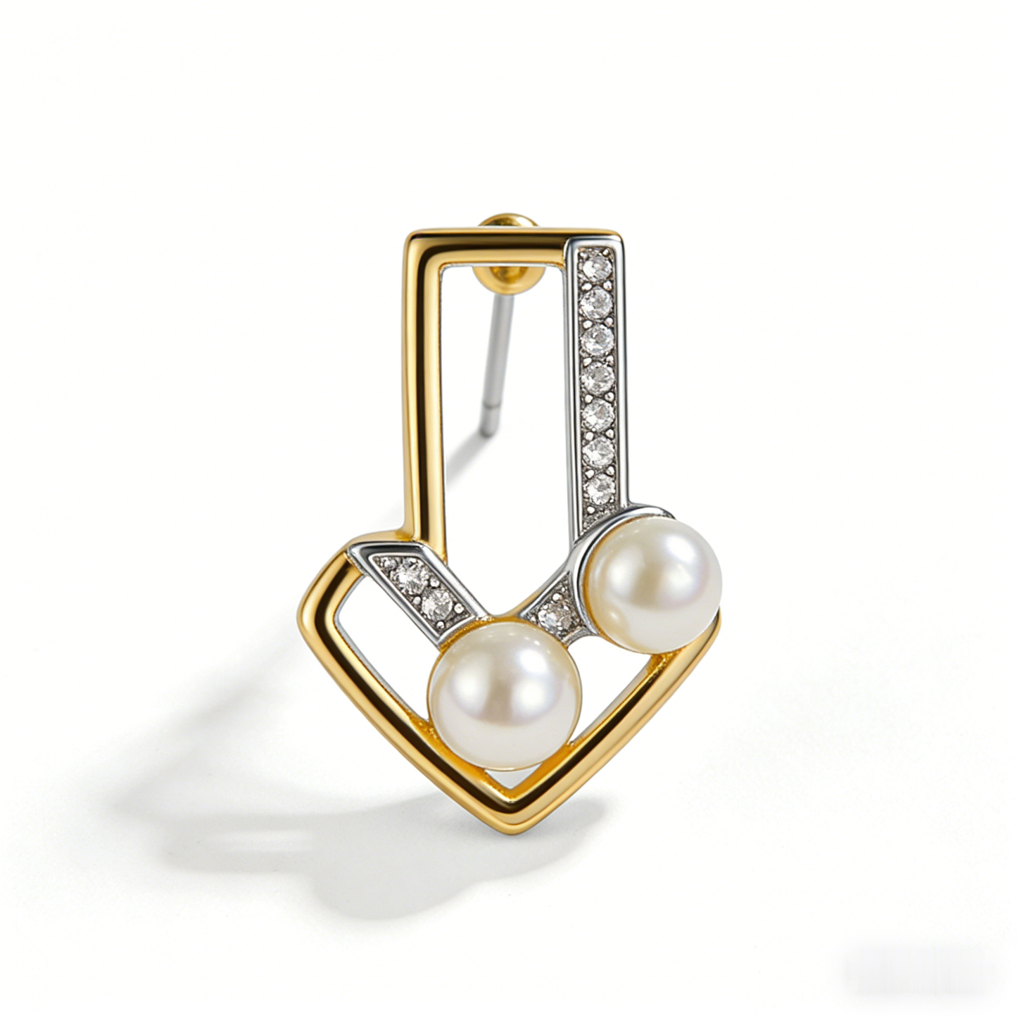 🔺 “Architectural Akoya Triad” – Geometric Artistry | Interlocking Gold & Silver-Tone V-Shapes × Channel-Set Shimmer × Two Matched Pearl Spire 🏛️