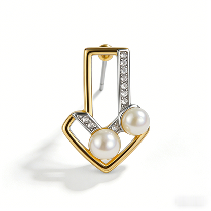 🔺 “Architectural Akoya Triad” – Geometric Artistry | Interlocking Gold & Silver-Tone V-Shapes × Channel-Set Shimmer × Two Matched Pearl Spire 🏛️