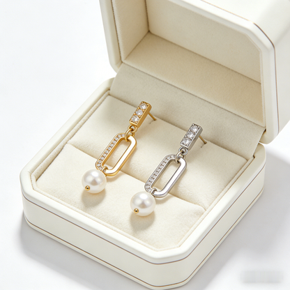 🧱 “Constructivist Akoya Link” – 18 Hours Modular Assembly | Rectangle Gold-Tone Loop × Rectangle Silver-Tone Pave Loop × Solitaire Pearl 🔗
