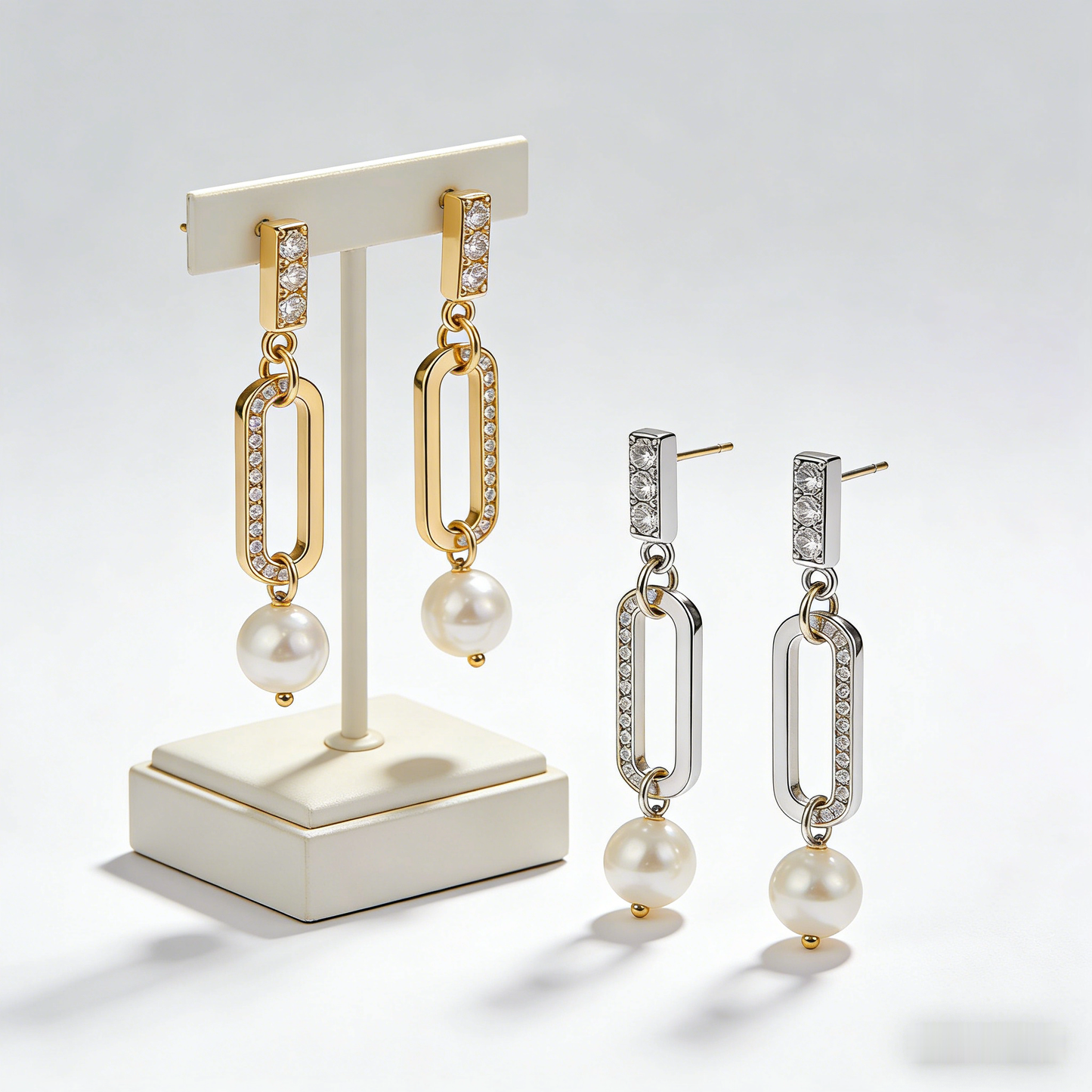 🧱 “Constructivist Akoya Link” – 18 Hours Modular Assembly | Rectangle Gold-Tone Loop × Rectangle Silver-Tone Pave Loop × Solitaire Pearl 🔗