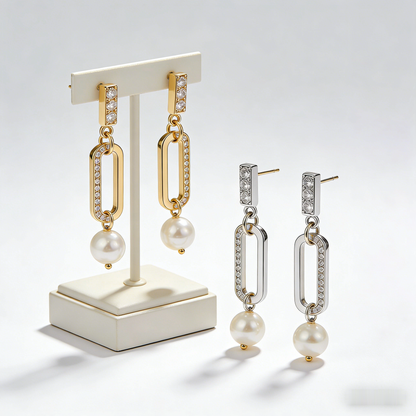 🧱 “Constructivist Akoya Link” – 18 Hours Modular Assembly | Rectangle Gold-Tone Loop × Rectangle Silver-Tone Pave Loop × Solitaire Pearl 🔗