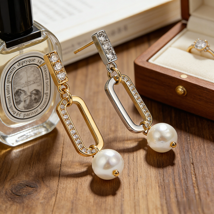 🧱 “Constructivist Akoya Link” – 18 Hours Modular Assembly | Rectangle Gold-Tone Loop × Rectangle Silver-Tone Pave Loop × Solitaire Pearl 🔗
