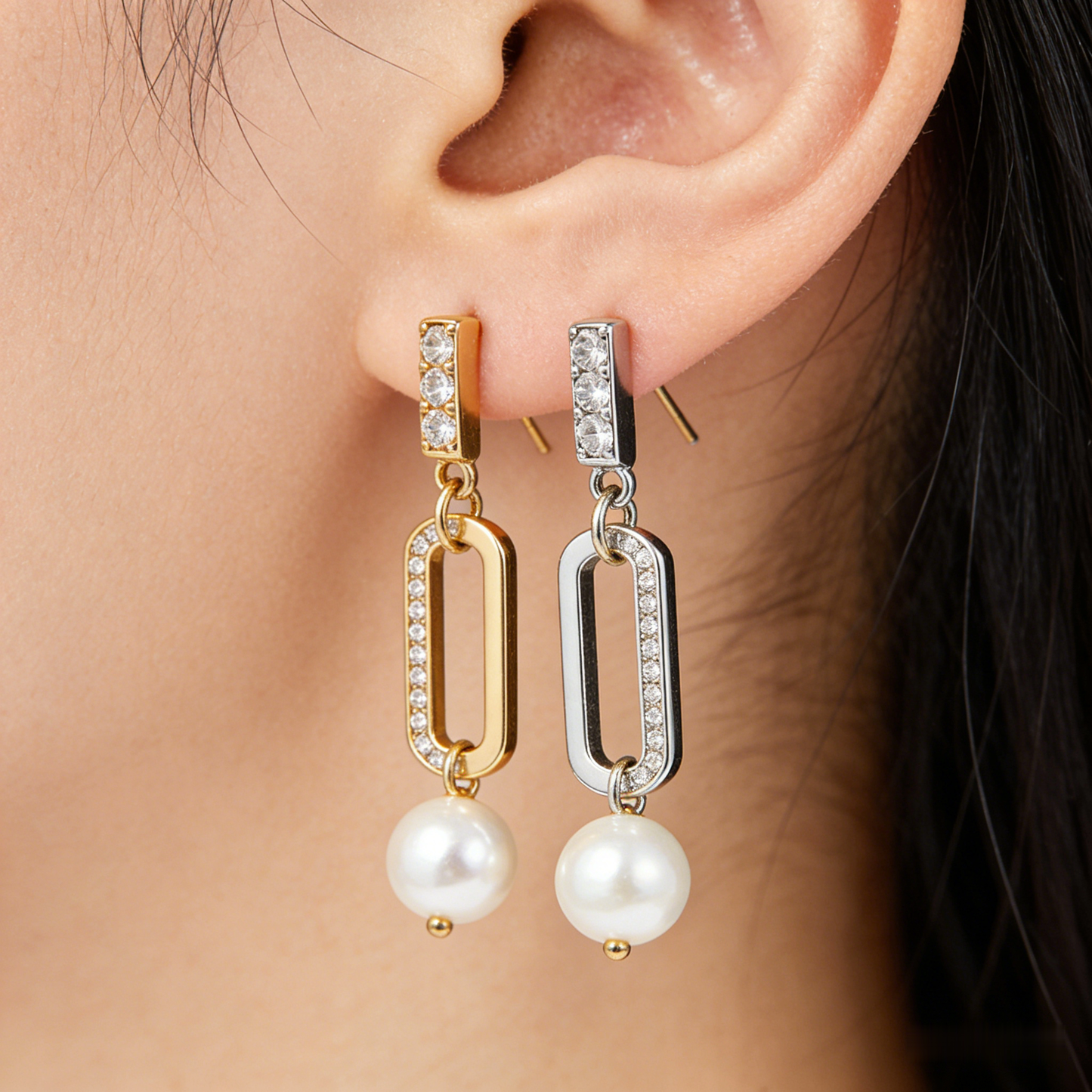 🧱 “Constructivist Akoya Link” – 18 Hours Modular Assembly | Rectangle Gold-Tone Loop × Rectangle Silver-Tone Pave Loop × Solitaire Pearl 🔗