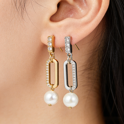 🧱 “Constructivist Akoya Link” – 18 Hours Modular Assembly | Rectangle Gold-Tone Loop × Rectangle Silver-Tone Pave Loop × Solitaire Pearl 🔗
