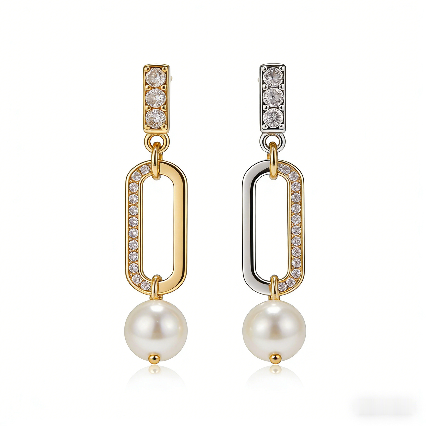 🧱 “Constructivist Akoya Link” – 18 Hours Modular Assembly | Rectangle Gold-Tone Loop × Rectangle Silver-Tone Pave Loop × Solitaire Pearl 🔗