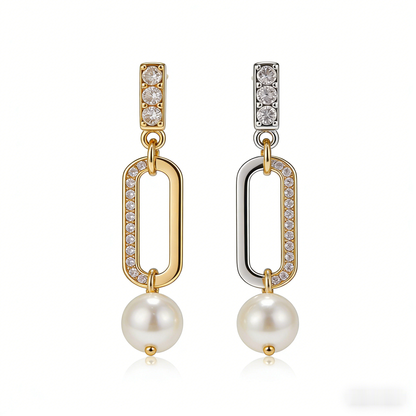 🧱 “Constructivist Akoya Link” – 18 Hours Modular Assembly | Rectangle Gold-Tone Loop × Rectangle Silver-Tone Pave Loop × Solitaire Pearl 🔗