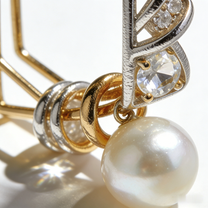 🕋 “Avant-Garde Akoya Prism” –Fac facet Cut & Polish | Hexagonal Gold-Tone Cage × Hexagonal Silver-Tone Pave Face × Large Cultured Pearl 💠