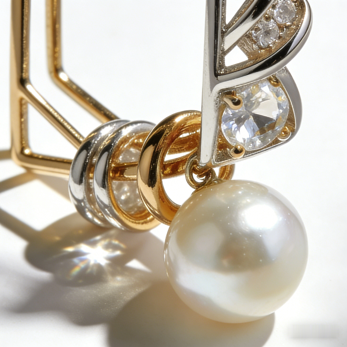 🕋 “Avant-Garde Akoya Prism” –Fac facet Cut & Polish | Hexagonal Gold-Tone Cage × Hexagonal Silver-Tone Pave Face × Large Cultured Pearl 💠