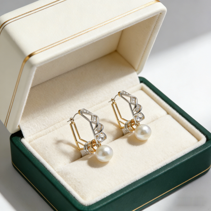 🕋 “Avant-Garde Akoya Prism” –Fac facet Cut & Polish | Hexagonal Gold-Tone Cage × Hexagonal Silver-Tone Pave Face × Large Cultured Pearl 💠