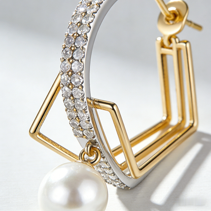📐 “Akoya Symmetry Hoop” – 19 Hours Fine Jewelry Craft | Gold-Tone Geometric Lines × Silver-Tone Pave Shimmer × Pure White Pearl Drop 💎