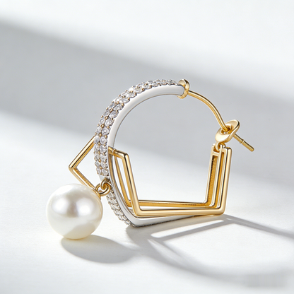 📐 “Akoya Symmetry Hoop” – 19 Hours Fine Jewelry Craft | Gold-Tone Geometric Lines × Silver-Tone Pave Shimmer × Pure White Pearl Drop 💎