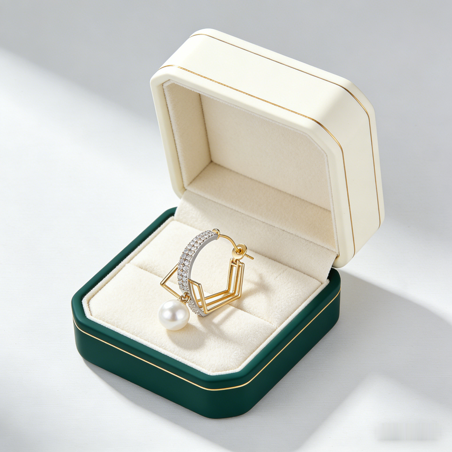 📐 “Akoya Symmetry Hoop” – 19 Hours Fine Jewelry Craft | Gold-Tone Geometric Lines × Silver-Tone Pave Shimmer × Pure White Pearl Drop 💎