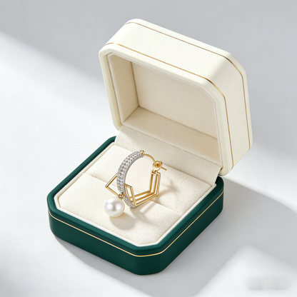 📐 “Akoya Symmetry Hoop” – 19 Hours Fine Jewelry Craft | Gold-Tone Geometric Lines × Silver-Tone Pave Shimmer × Pure White Pearl Drop 💎