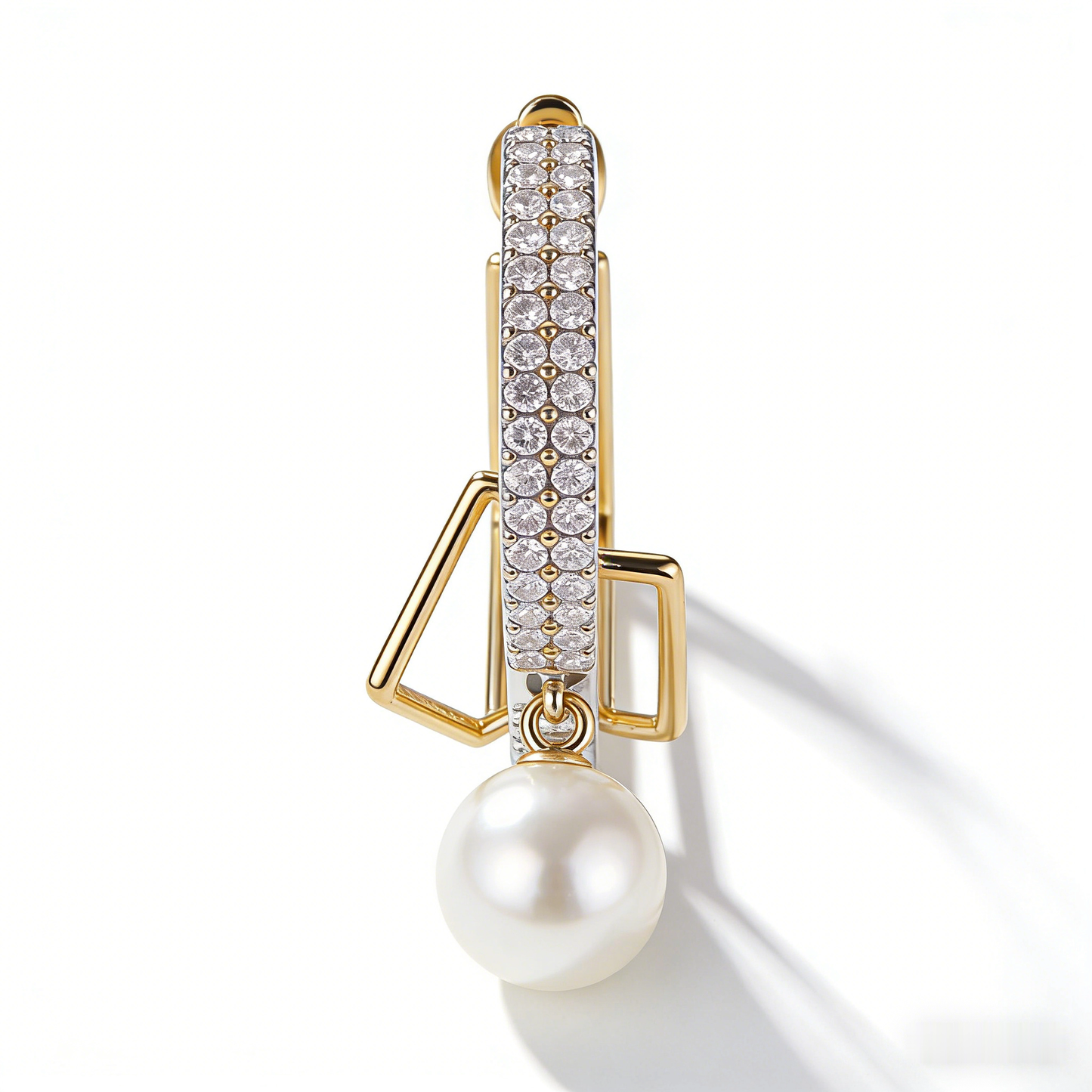📐 “Akoya Symmetry Hoop” – 19 Hours Fine Jewelry Craft | Gold-Tone Geometric Lines × Silver-Tone Pave Shimmer × Pure White Pearl Drop 💎