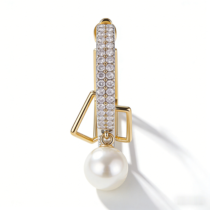 📐 “Akoya Symmetry Hoop” – 19 Hours Fine Jewelry Craft | Gold-Tone Geometric Lines × Silver-Tone Pave Shimmer × Pure White Pearl Drop 💎