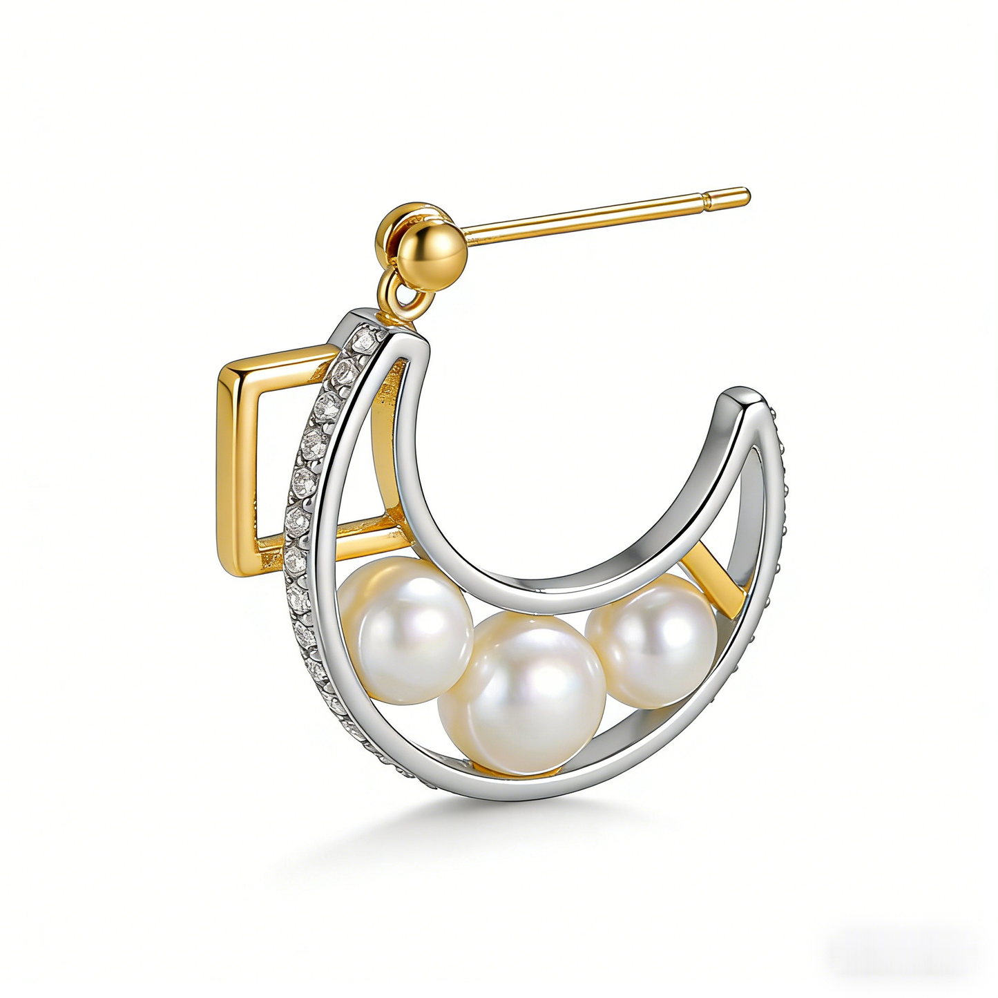 🌙 “Crescent Akoya Eclipse” – Multi-Layer Casting | Curved Gold & Silver-Tone Arcs × Graduated Trio of Perfect Pearls × Star-Dust Shimmer Accent ✨