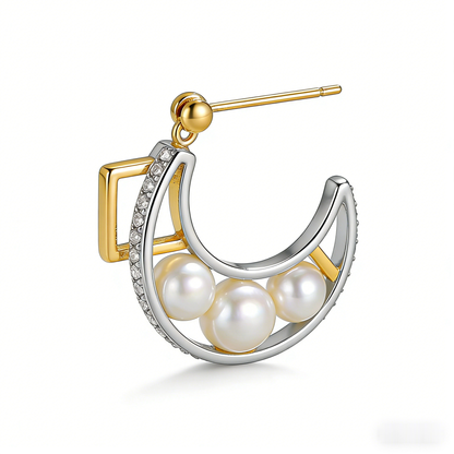 🌙 “Crescent Akoya Eclipse” – Multi-Layer Casting | Curved Gold & Silver-Tone Arcs × Graduated Trio of Perfect Pearls × Star-Dust Shimmer Accent ✨